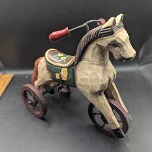 Vintage Style Wooden And Metal Painted Horse Tricycle Folk Art. Looks to be hand